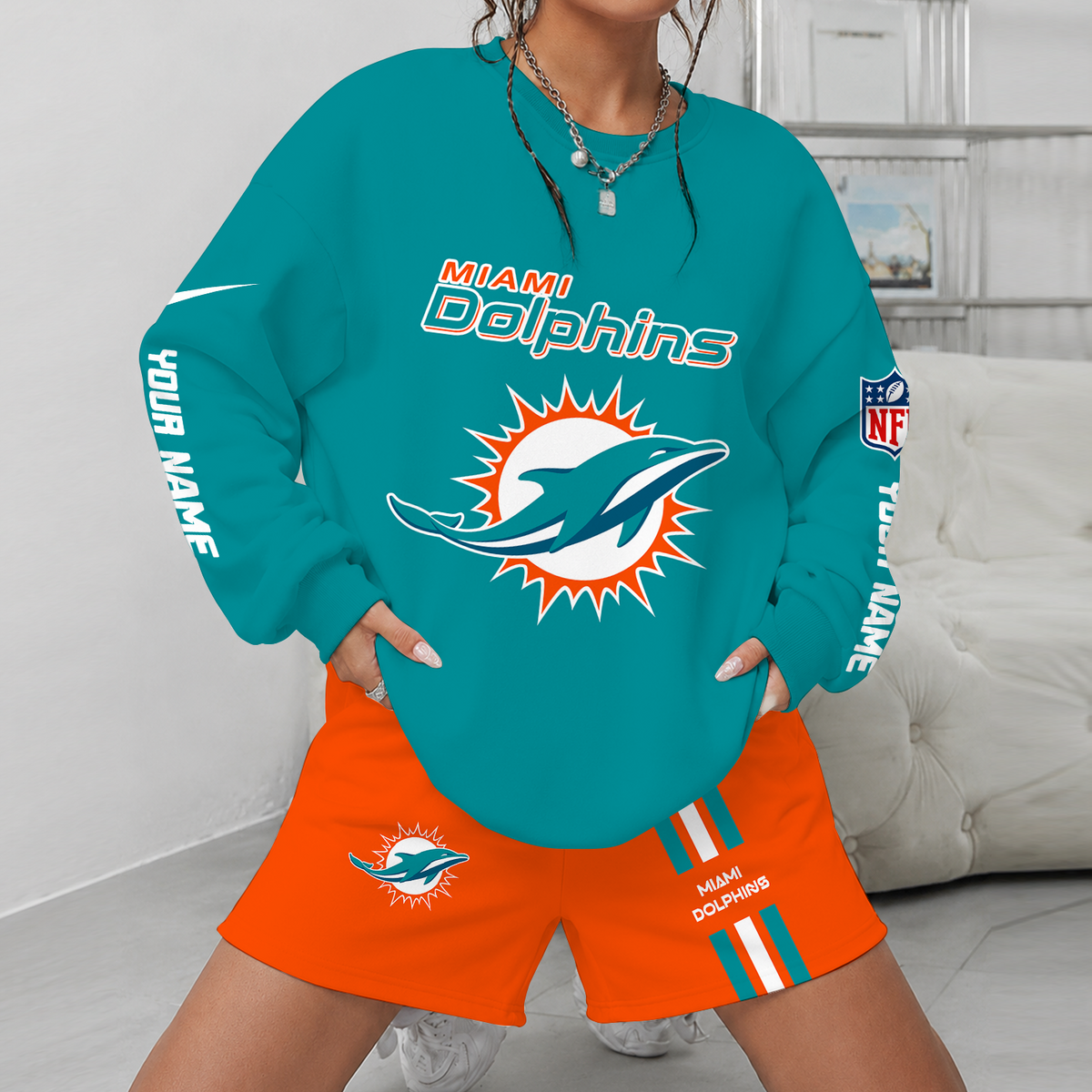 [SPECIAL OFFER] NEW CUSTOMIZED NFL19 MDP MIAMI DOLPHINS UNISEX SWEATSHIRT & SHORTS SET