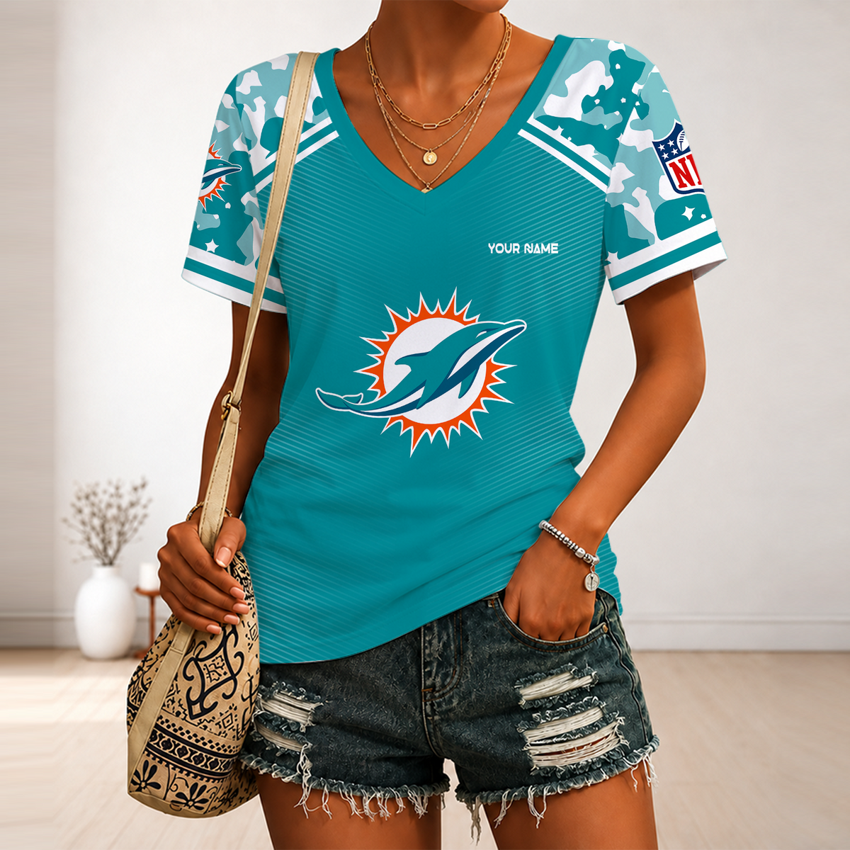 [SPECIAL OFFER] NEW CUSTOMIZED NFL19 MDP MIAMI DOLPHINS V-NECK FEMALE SHIRT