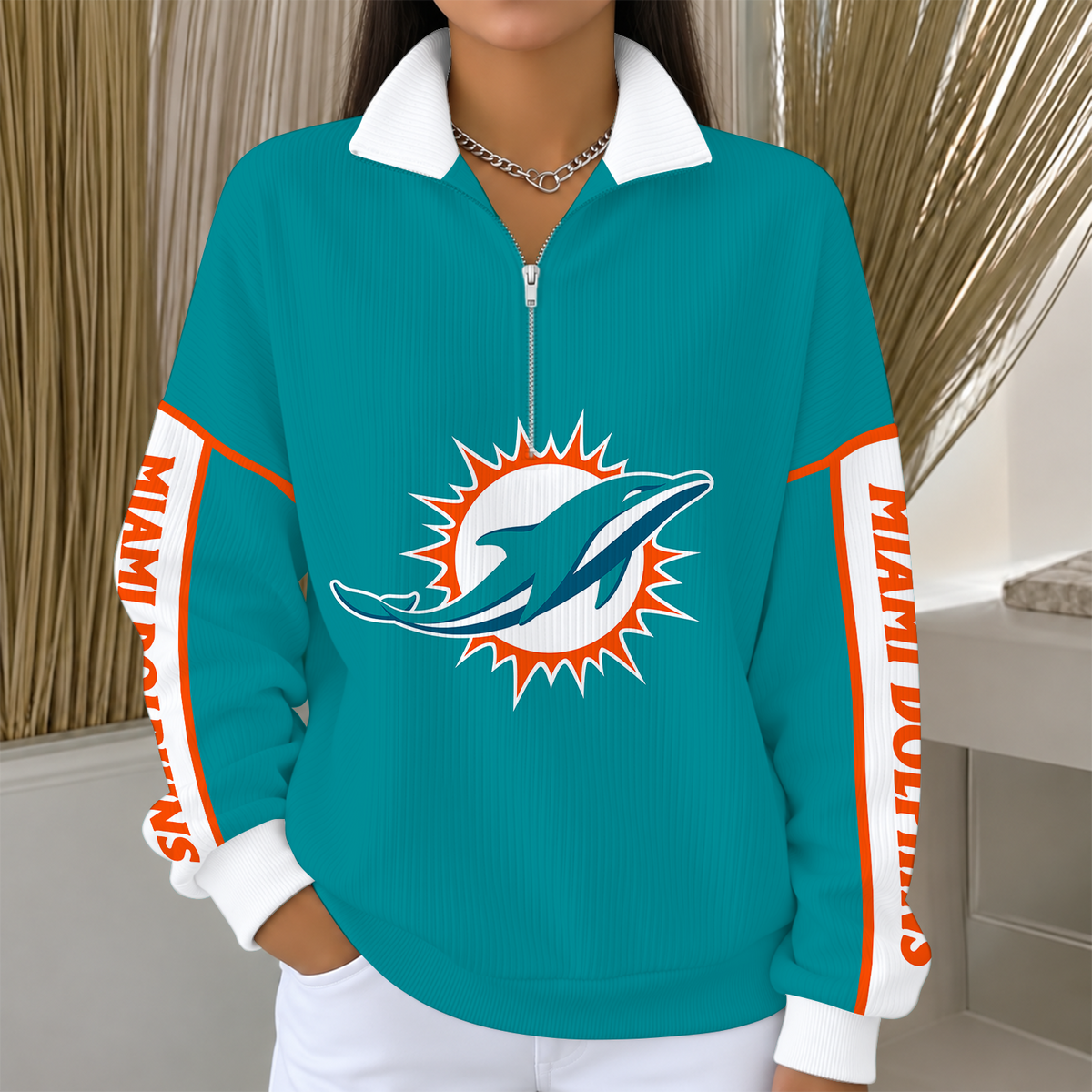[SPECIAL OFFER] NEW CUSTOMIZED NFL19 MDP MIAMI DOLPHINS QUARTER ZIP RIBBED SWEATER