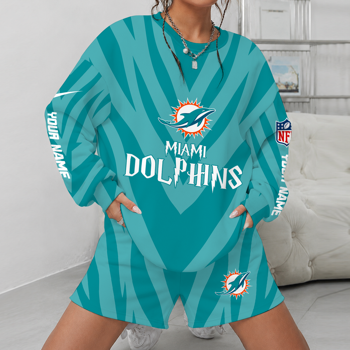 [SPECIAL OFFER] NEW CUSTOMIZED NFL19 MDP MIAMI DOLPHINS UNISEX SWEATSHIRT & SHORTS SET