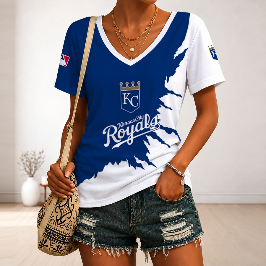 [FLASH SALE] NEW CUSTOMIZED MLB19 KCR KANSAS CITY ROYALS V-NECK FEMALE SHIRT