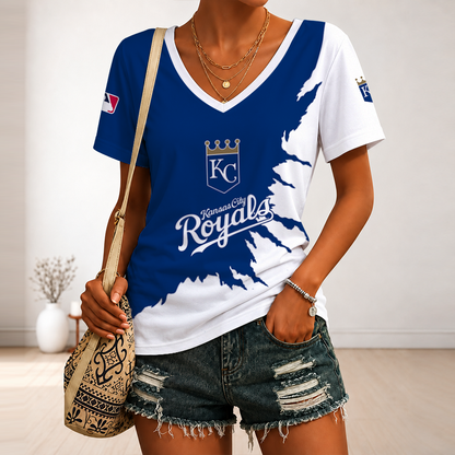 [FLASH SALE] NEW CUSTOMIZED MLB19 KCR KANSAS CITY ROYALS V-NECK FEMALE SHIRT