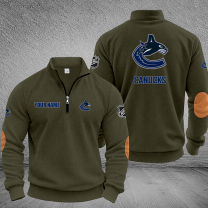[SUPER SALE] NEW CUSTOMIZED NHL19 VCC VANCOUVER CANUCKS MULTICOLOR STRIPED QUATER ZIP SWEATSHIRT