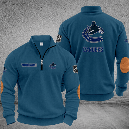 [SUPER SALE] NEW CUSTOMIZED NHL19 VCC VANCOUVER CANUCKS MULTICOLOR STRIPED QUATER ZIP SWEATSHIRT