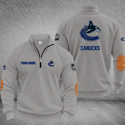 [SUPER SALE] NEW CUSTOMIZED NHL19 VCC VANCOUVER CANUCKS MULTICOLOR STRIPED QUATER ZIP SWEATSHIRT