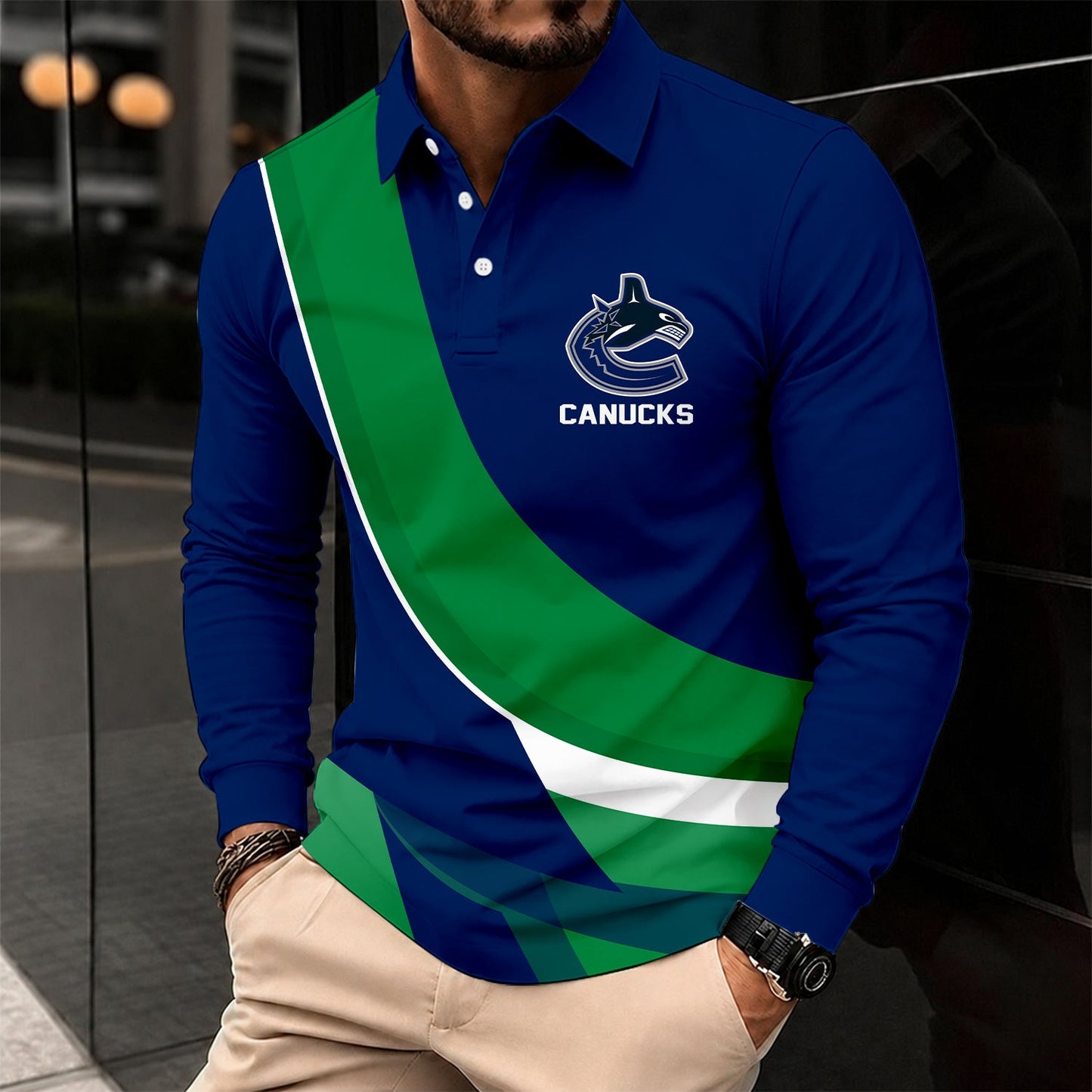 [SUPER SALE] NEW CUSTOMIZED NHL19 VCC VANCOUVER CANUCKS MEN LONG SLEEVE POLO