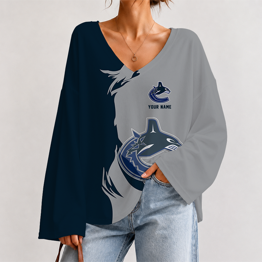 [SUPER SALE] NEW CUSTOMIZED NHL19 VCC VANCOUVER CANUCKS V-NECK LONG SLEEVED CROP TOP