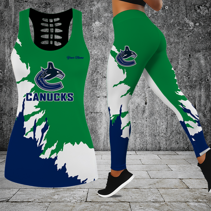 [SUPER SALE] NEW CUSTOMIZED NHL19 VCC VANCOUVER CANUCKS HOLLOW TANK TOP & LEGGINGS SET