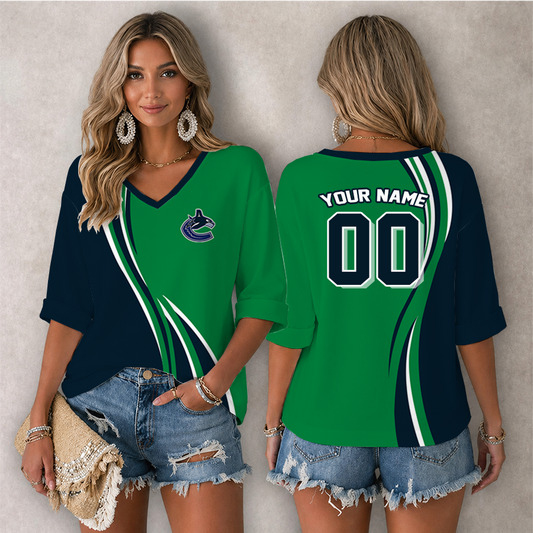 [SUPER SALE] NEW CUSTOMIZED NHL19 VCC VANCOUVER CANUCKS WOMEN'S HEART V-NECK LONG SLEEVE SHIRT