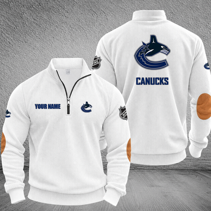 [SUPER SALE] NEW CUSTOMIZED NHL19 VCC VANCOUVER CANUCKS MULTICOLOR STRIPED QUATER ZIP SWEATSHIRT
