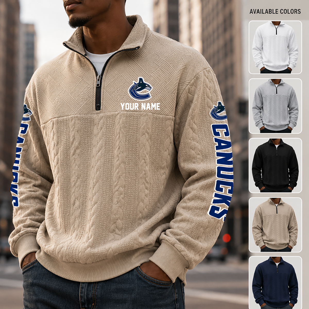 [SUPER SALE] NEW CUSTOMIZED NHL19 VCC VANCOUVER CANUCKS MULTICOLOR QUARTER-ZIP SWEATSHIRT