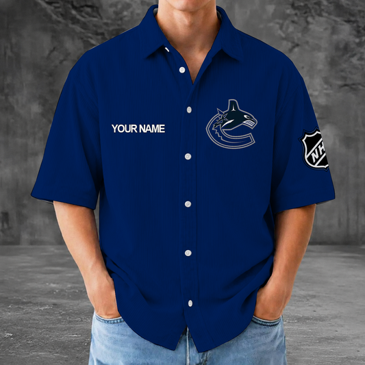 [SUPER SALE] NEW CUSTOMIZED NHL19 VCC VANCOUVER CANUCKS SEERSUCKER BUTTON SHIRT