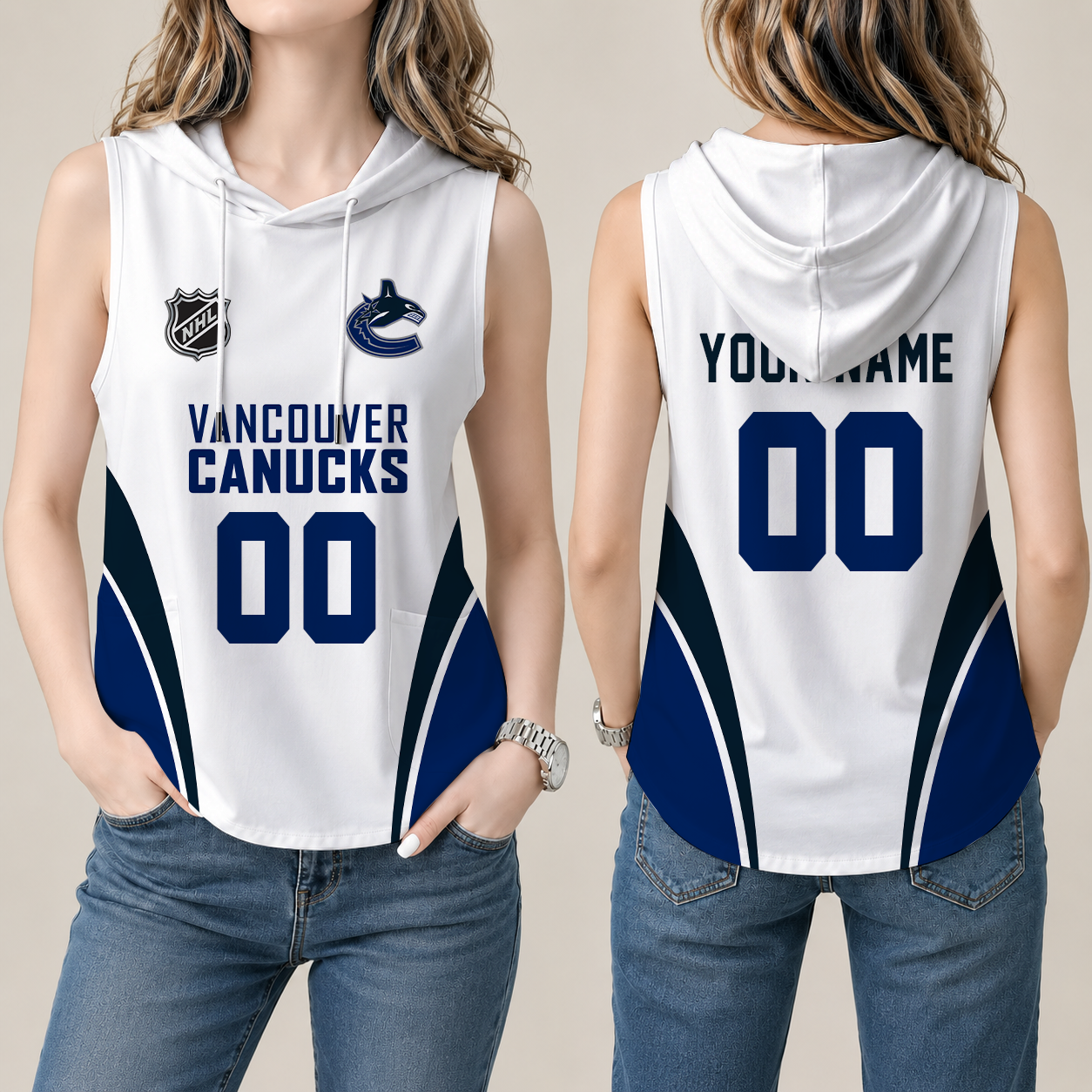 [SUPER SALE] NEW CUSTOMIZED NHL19 VCC VANCOUVER CANUCKS WOMEN'S SLEEVELESS HOODED POCKET TANK TOP