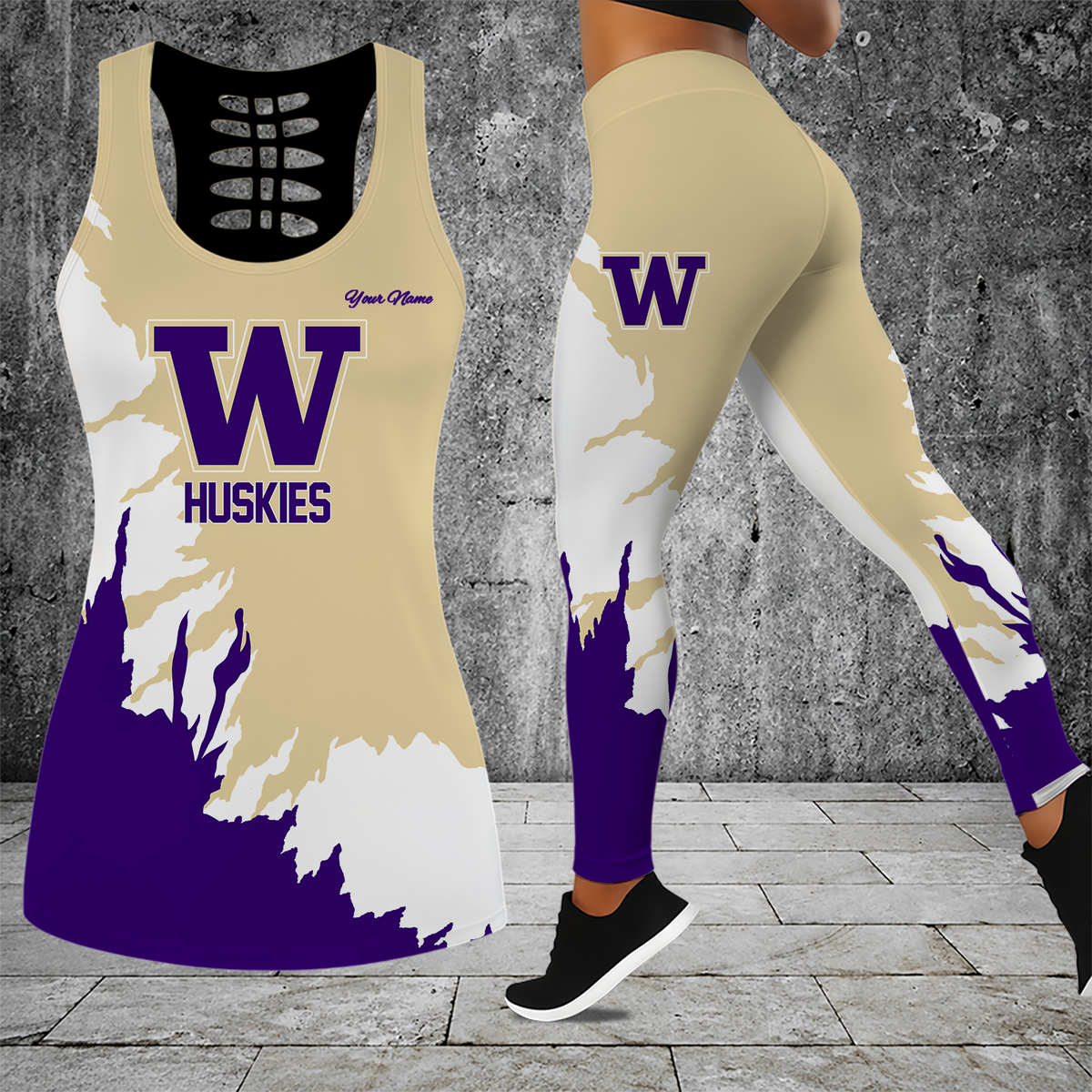 [FAN FAVORITE] NEW CUSTOMIZED NCAA FBS19 WSH WASHINGTON HUSKIES HOLLOW TANK TOP & LEGGINGS SET