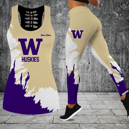[FAN FAVORITE] NEW CUSTOMIZED NCAA FBS19 WSH WASHINGTON HUSKIES HOLLOW TANK TOP & LEGGINGS SET