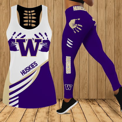 [FAN FAVORITE] NEW CUSTOMIZED NCAA FBS19 WSH WASHINGTON HUSKIES HOLLOW TANK TOP & LEGGINGS SET