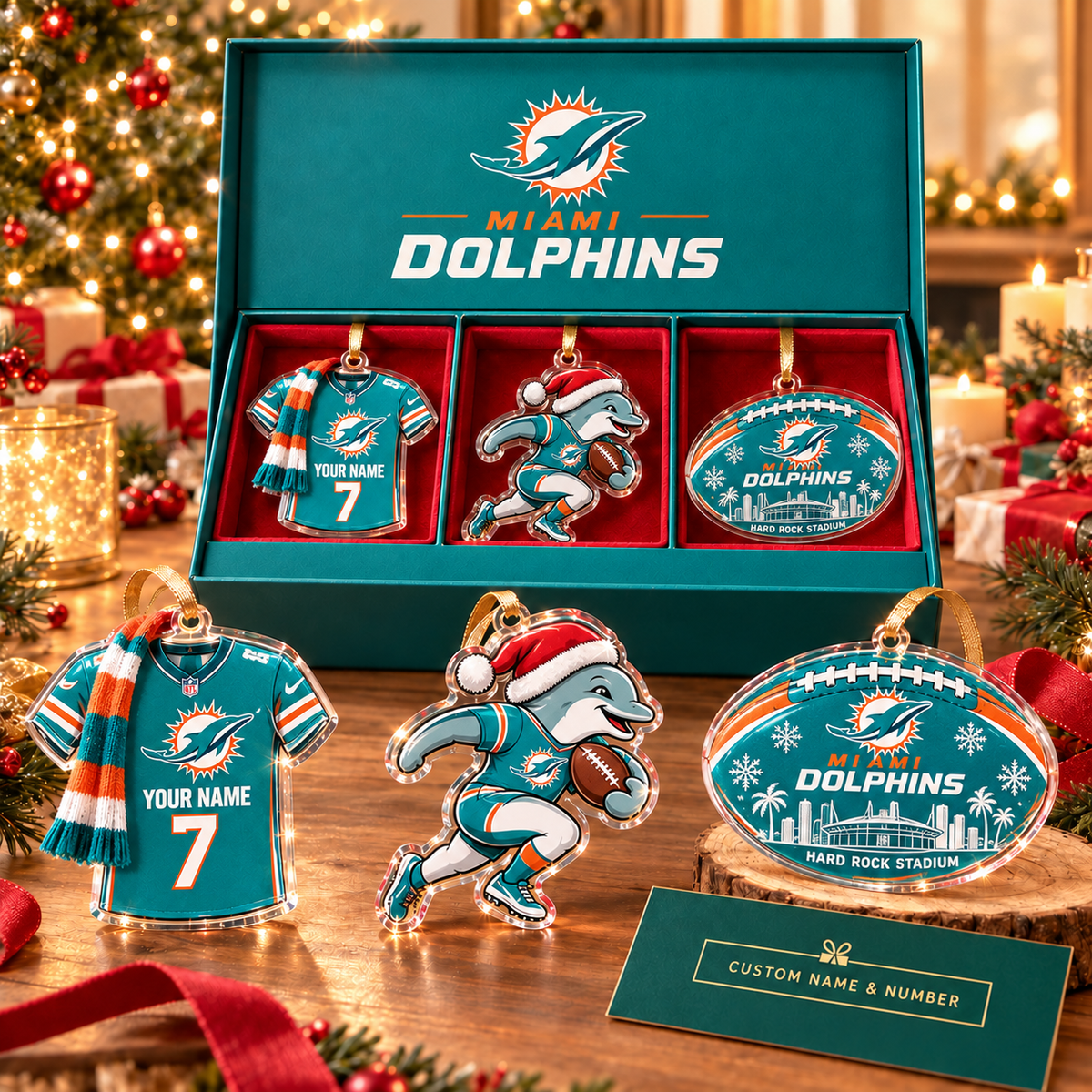 [FULL SET 3 ITEMS - NO BOX] NEW CUSTOMIZED NFL19 MDP MIAMI DOLPHINS CHRISTMAS ACRYLIC ORNAMENT