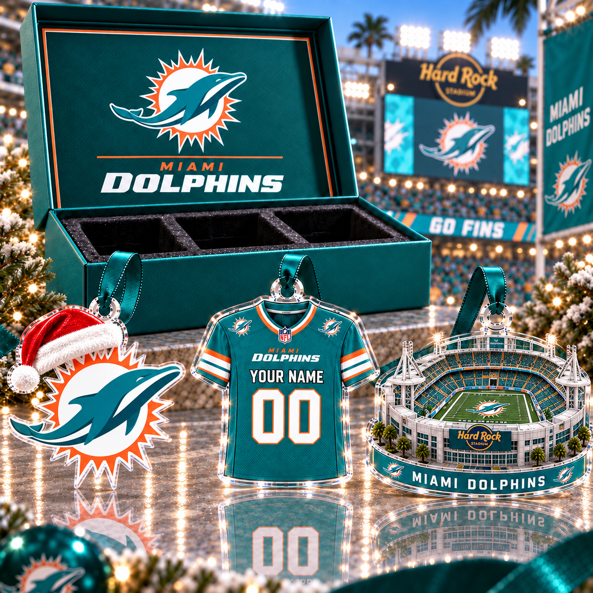 [FULL SET 3 ITEMS - NO BOX] NEW CUSTOMIZED NFL19 MDP MIAMI DOLPHINS CHRISTMAS ACRYLIC ORNAMENT