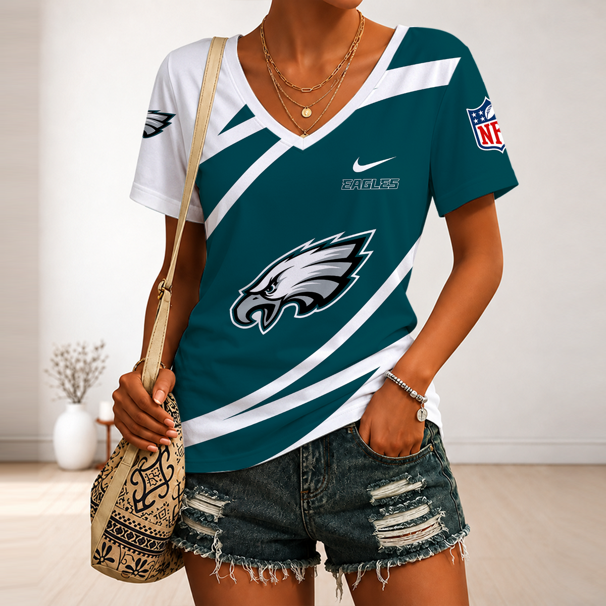 [SPECIAL OFFER] NEW CUSTOMIZED NFL02 PPE PHILADELPHIA EAGLES V-NECK FEMALE SHIRT