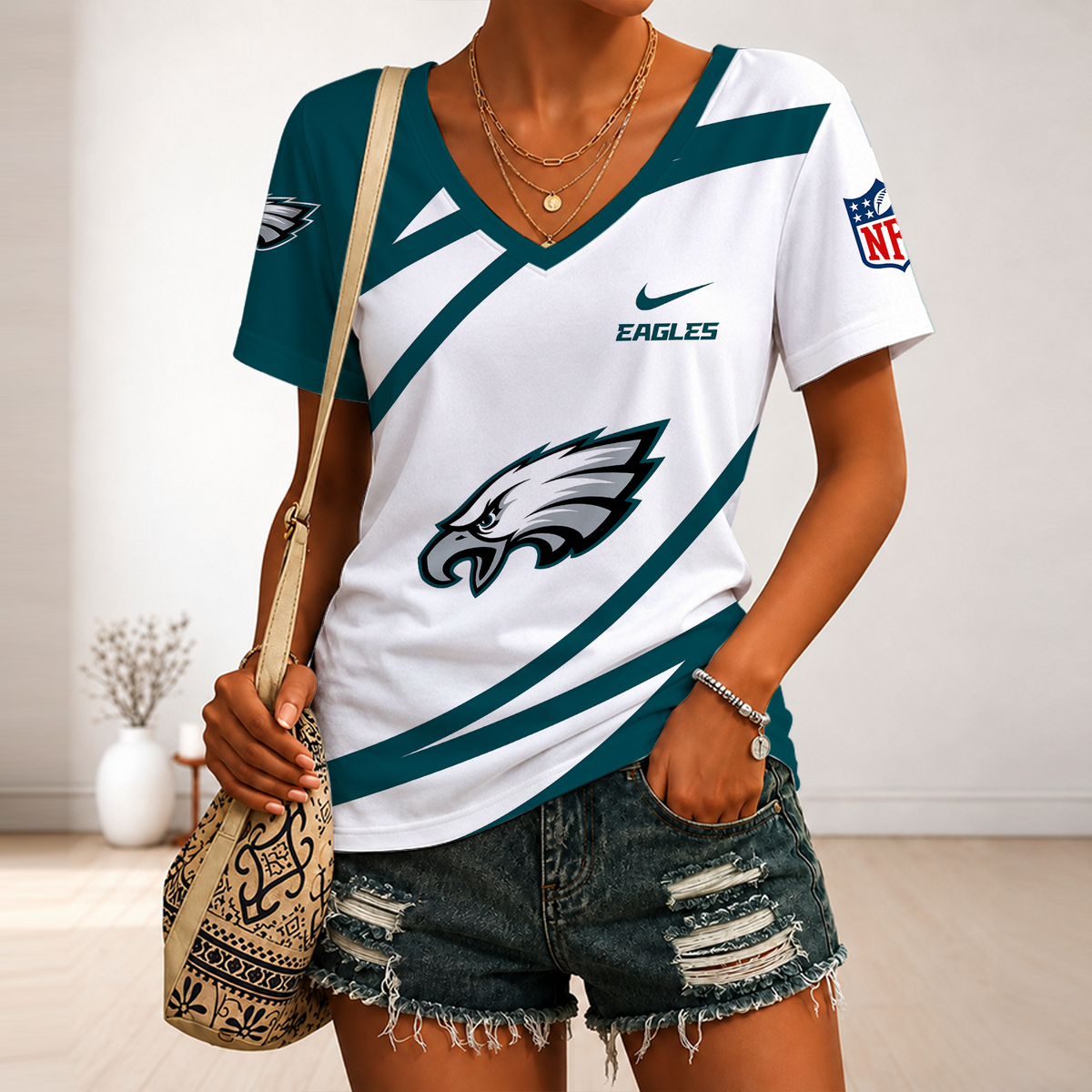 [SPECIAL OFFER] NEW CUSTOMIZED NFL02 PPE PHILADELPHIA EAGLES V-NECK FEMALE SHIRT