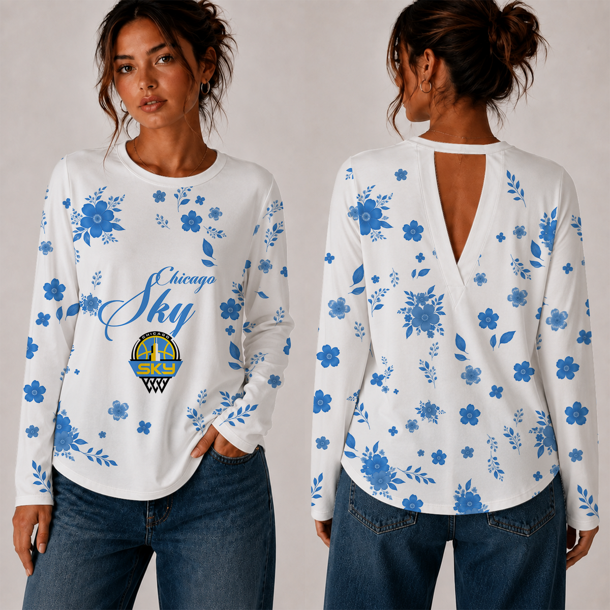 [FAN FAVORITE] NEW CUSTOMIZED WNBA02 CCS CHICAGO SKY WOMEN'S BACK V-CUT LONG-SLEEVE SHIRT
