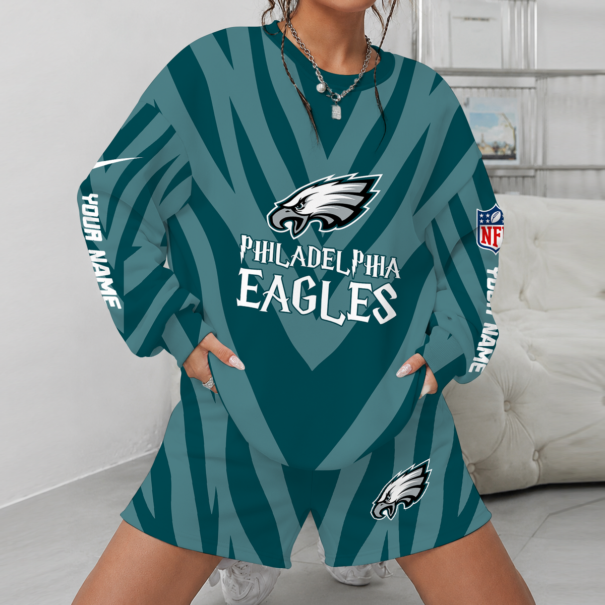 [SPECIAL OFFER] NEW CUSTOMIZED NFL02 PPE PHILADELPHIA EAGLES UNISEX SWEATSHIRT & SHORTS SET