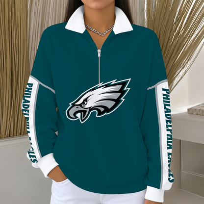 [SPECIAL OFFER] NEW CUSTOMIZED NFL02 PPE PHILADELPHIA EAGLES QUARTER ZIP RIBBED SWEATER