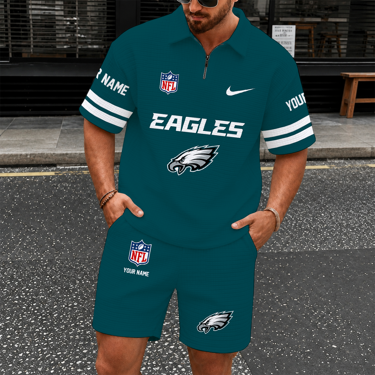 [SPECIAL OFFER] NEW CUSTOMIZED NFL02 PPE PHILADELPHIA EAGLES QUARTER-ZIP POLO SHIRT & SHORTS SET