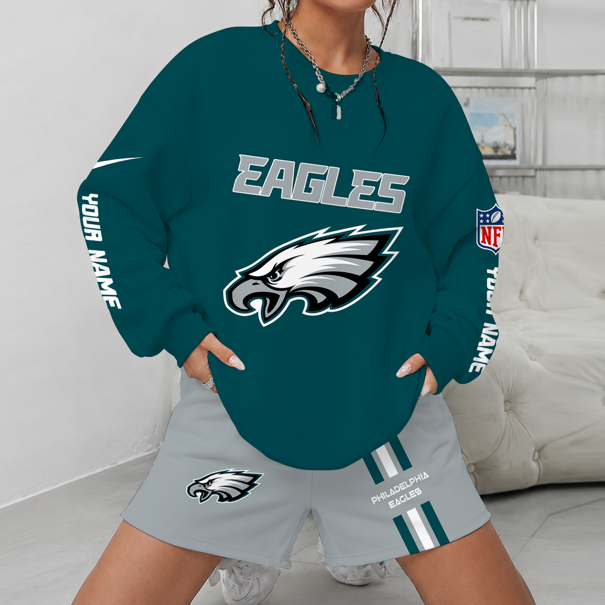 [SPECIAL OFFER] NEW CUSTOMIZED NFL02 PPE PHILADELPHIA EAGLES UNISEX SWEATSHIRT & SHORTS SET