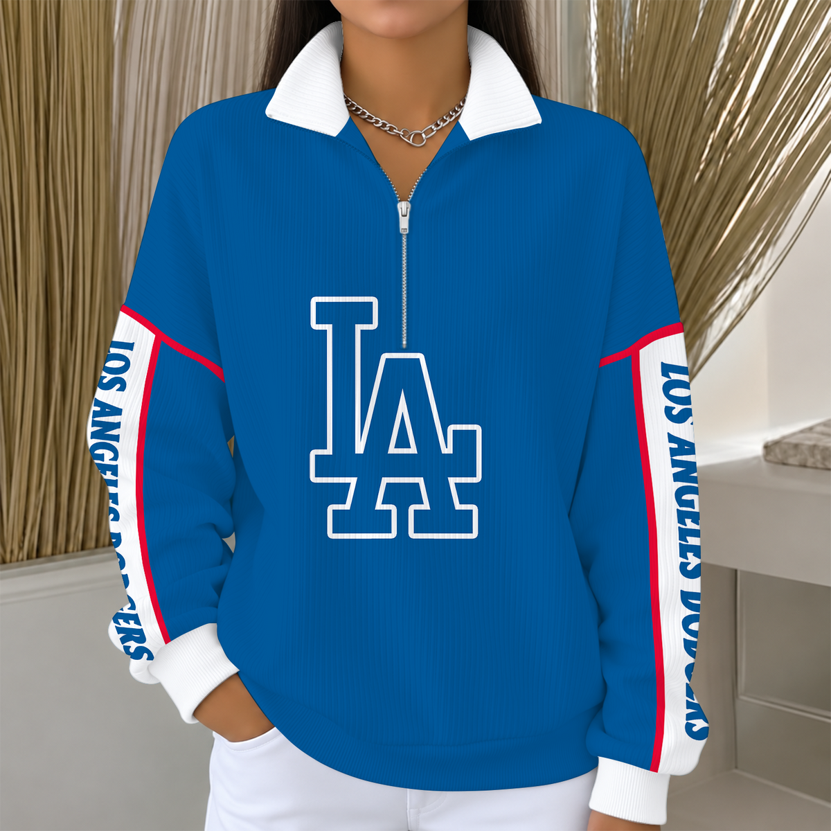 [SPECIAL OFFER] NEW CUSTOMIZED MLB02 LAD LOS ANGELES DODGERS QUARTER ZIP RIBBED SWEATER