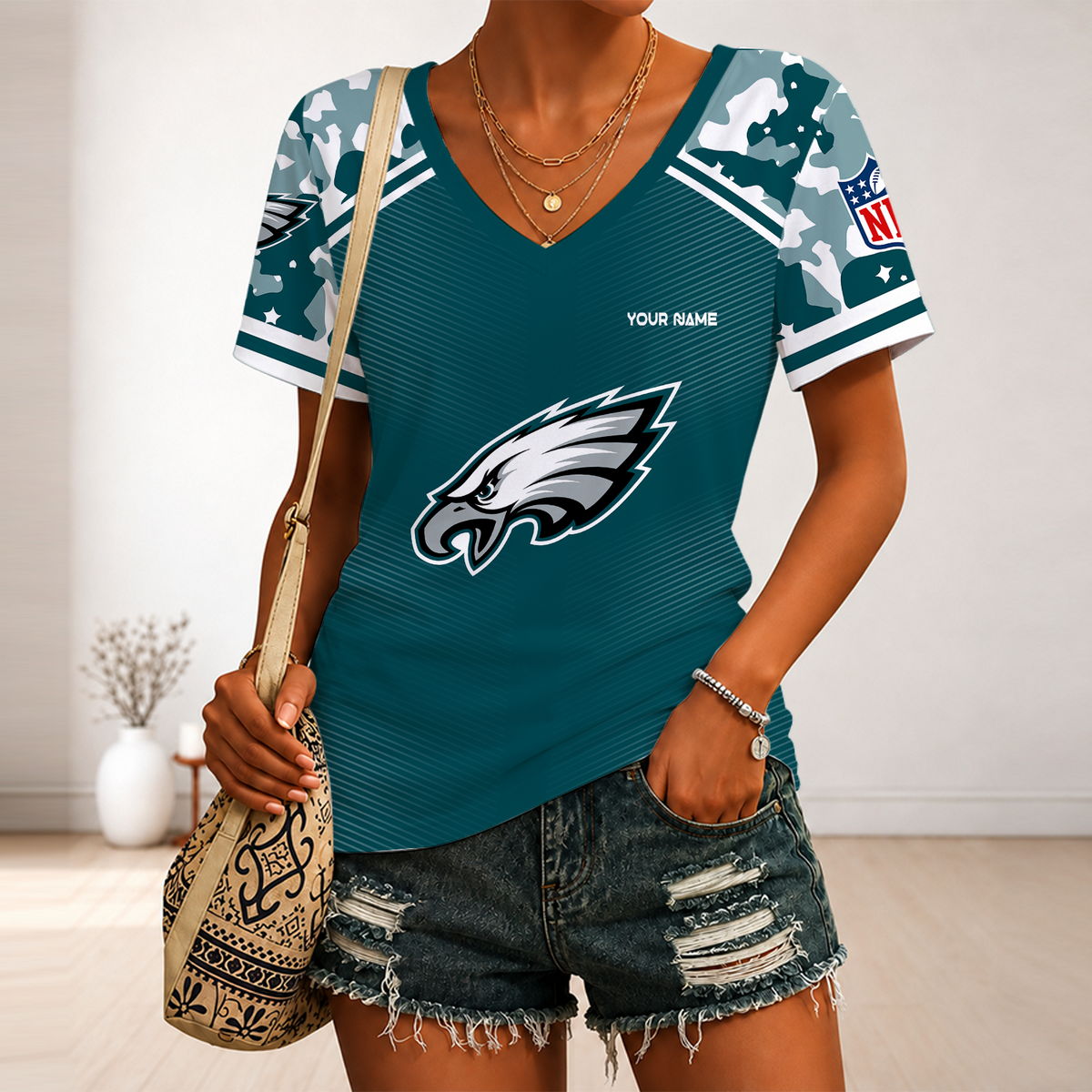 [SPECIAL OFFER] NEW CUSTOMIZED NFL02 PPE PHILADELPHIA EAGLES V-NECK FEMALE SHIRT