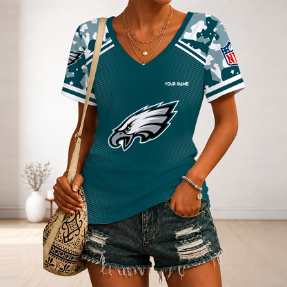 [SPECIAL OFFER] NEW CUSTOMIZED NFL02 PPE PHILADELPHIA EAGLES V-NECK FEMALE SHIRT