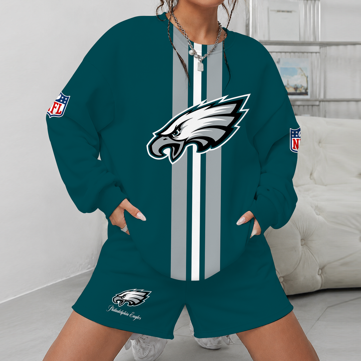 [SPECIAL OFFER] NEW CUSTOMIZED NFL02 PPE PHILADELPHIA EAGLES UNISEX SWEATSHIRT & SHORTS SET