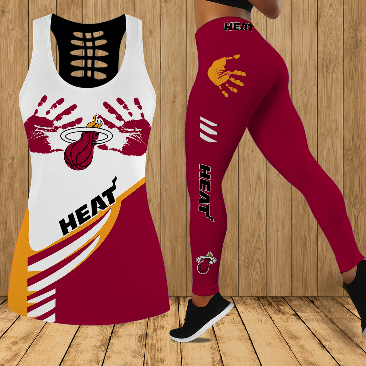 [HOT DEAL] NEW CUSTOMIZED NBA20 MHE MIAMI HEAT HOLLOW TANK TOP & LEGGINGS SET