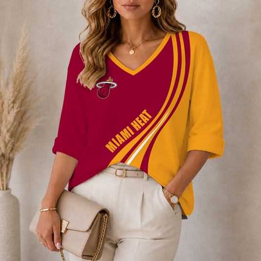 [HOT DEAL] NEW CUSTOMIZED NBA20 MHE MIAMI HEAT WOMEN'S HEART V-NECK LONG SLEEVE SHIRT