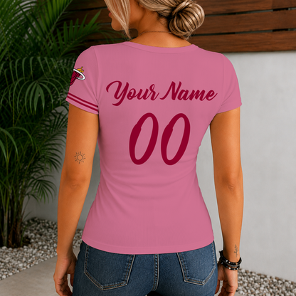 [HOT DEAL] NEW CUSTOMIZED NBA20 MHE MIAMI HEAT  WOMEN'S SHORT SLEEVE HENLEY T-SHIRT