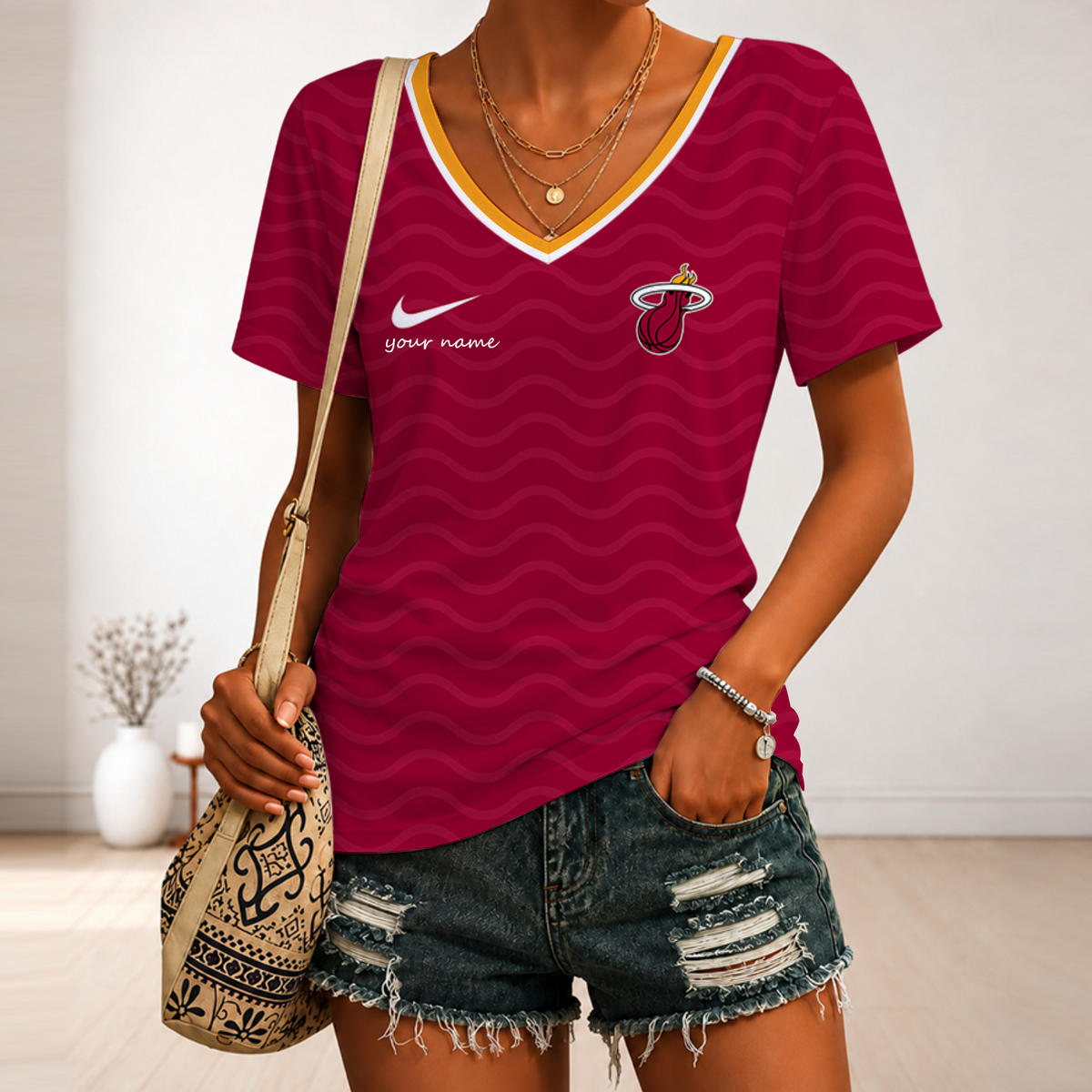 [HOT DEAL] NEW CUSTOMIZED NBA20 MHE MIAMI HEAT V-NECK FEMALE SHIRT