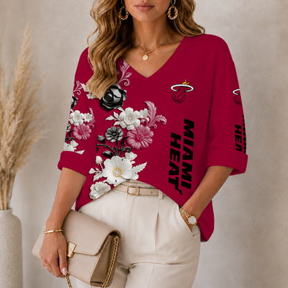 LIMITED EDITION - NEW CUSTOMIZED NBA20 MHE MIAMI HEAT WOMEN'S V-NECK LONG SLEEVE SHIRT
