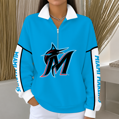 [SPECIAL OFFER] NEW CUSTOMIZED MLB20 MMS MIAMI MARLINS QUARTER ZIP RIBBED SWEATER