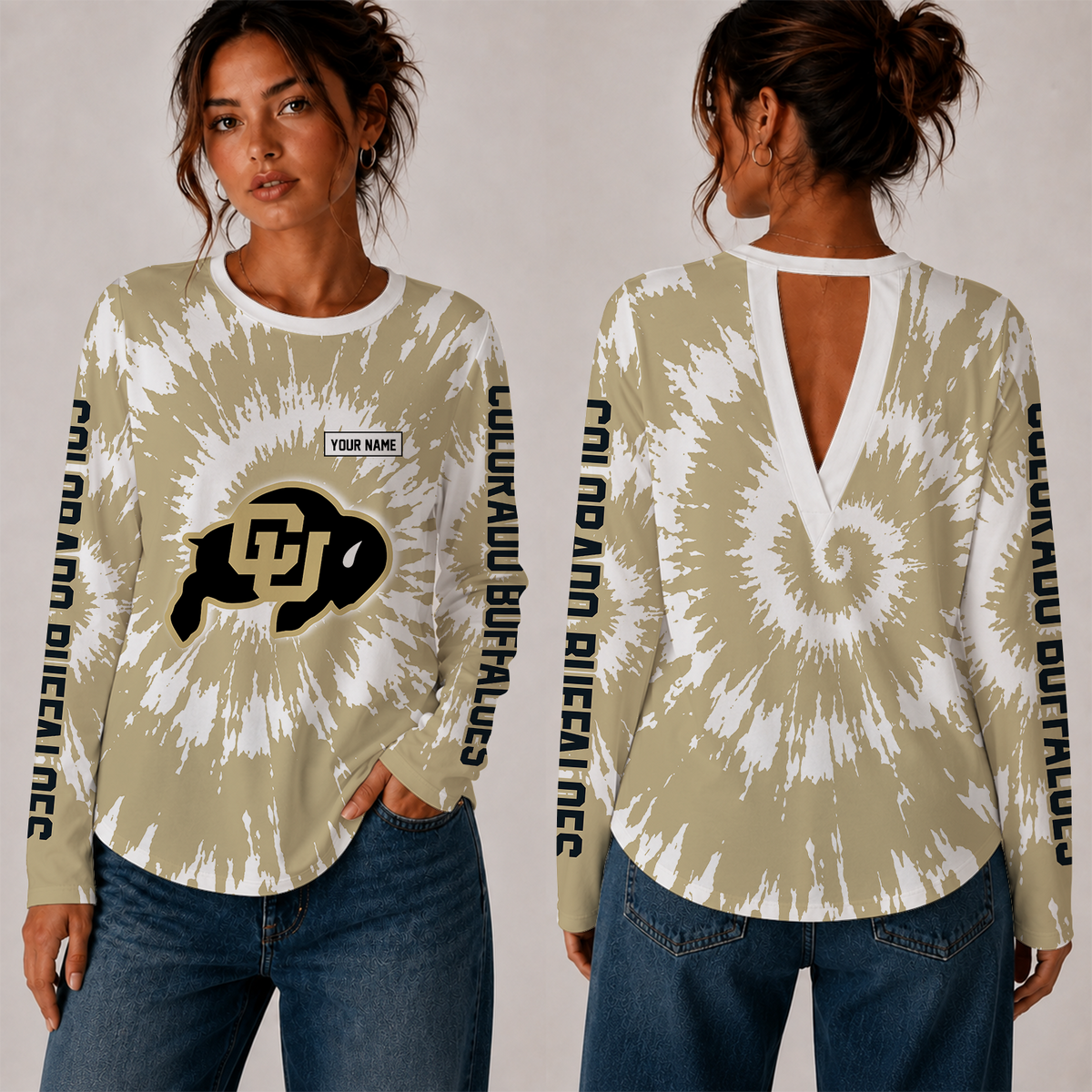 [FAN FAVORITE] NEW CUSTOMIZED NCAA FBS20 CRB COLORADO BUFFALOES WOMEN'S BACK V-CUT LONG-SLEEVE SHIRT