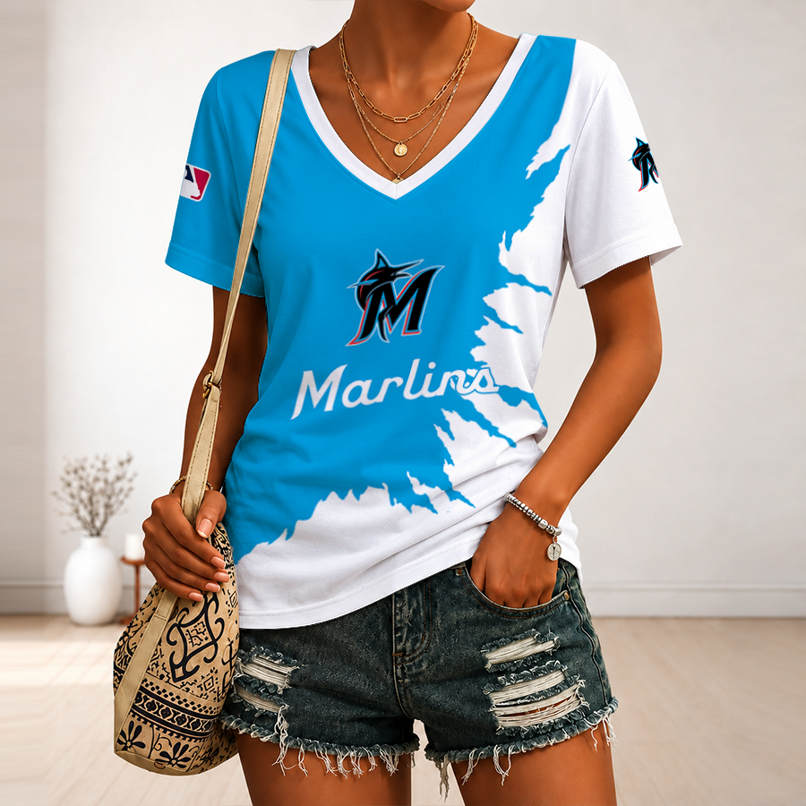 [FLASH SALE] NEW CUSTOMIZED MLB20 MMS MIAMI MARLINS V-NECK FEMALE SHIRT