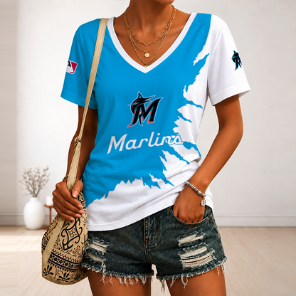 [FLASH SALE] NEW CUSTOMIZED MLB20 MMS MIAMI MARLINS V-NECK FEMALE SHIRT