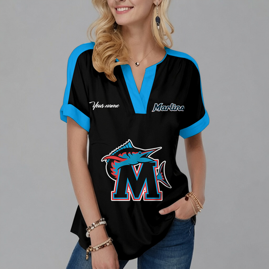 [FLASH SALE] NEW CUSTOMIZED MLB20 MMS MIAMI MARLINS V-NECK FEMALE SHIRT