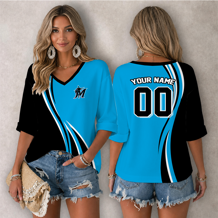 [FLASH SALE] NEW CUSTOMIZED MLB20 MMS MIAMI MARLINS WOMEN'S HEART V-NECK LONG SLEEVE SHIRT