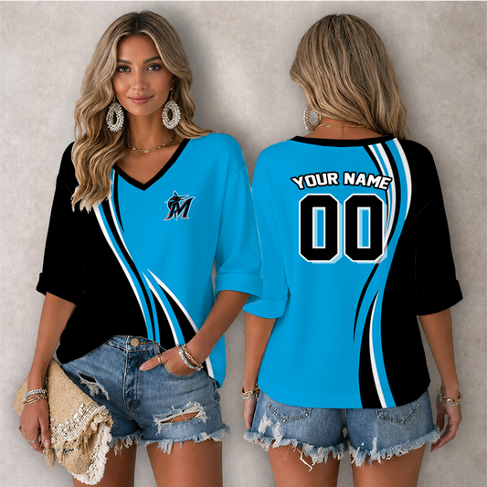 [FLASH SALE] NEW CUSTOMIZED MLB20 MMS MIAMI MARLINS WOMEN'S HEART V-NECK LONG SLEEVE SHIRT