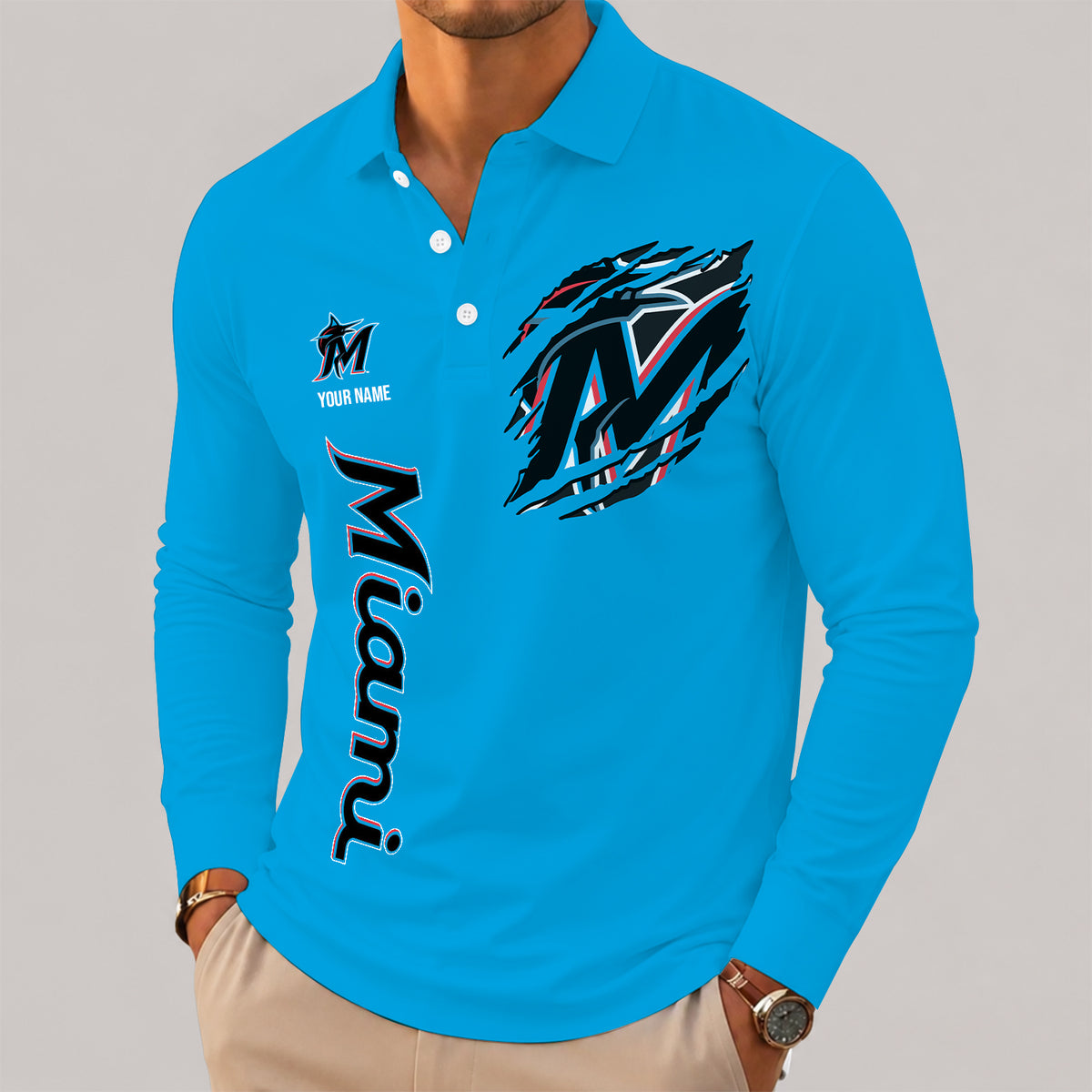 [FLASH SALE] NEW CUSTOMIZED MLB20 MMS MIAMI MARLINS MEN'S LONG SLEEVE POLO