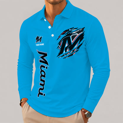 [FLASH SALE] NEW CUSTOMIZED MLB20 MMS MIAMI MARLINS MEN'S LONG SLEEVE POLO
