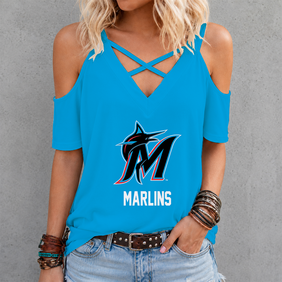 [FLASH SALE] NEW CUSTOMIZED MLB20 MMS MIAMI MARLINS CRISS CROSS V-NECK TOP