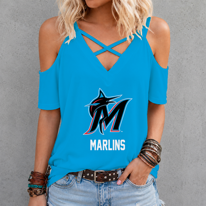 [FLASH SALE] NEW CUSTOMIZED MLB20 MMS MIAMI MARLINS CRISS CROSS V-NECK TOP
