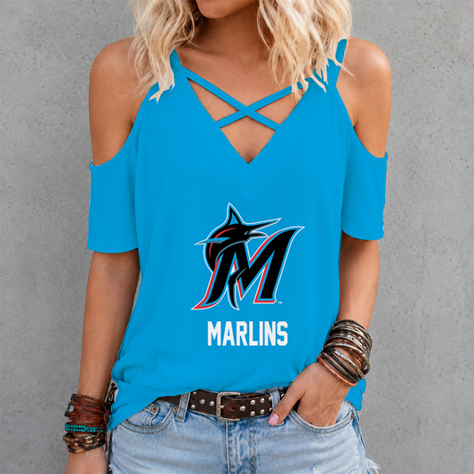 [FLASH SALE] NEW CUSTOMIZED MLB20 MMS MIAMI MARLINS CRISS CROSS V-NECK TOP